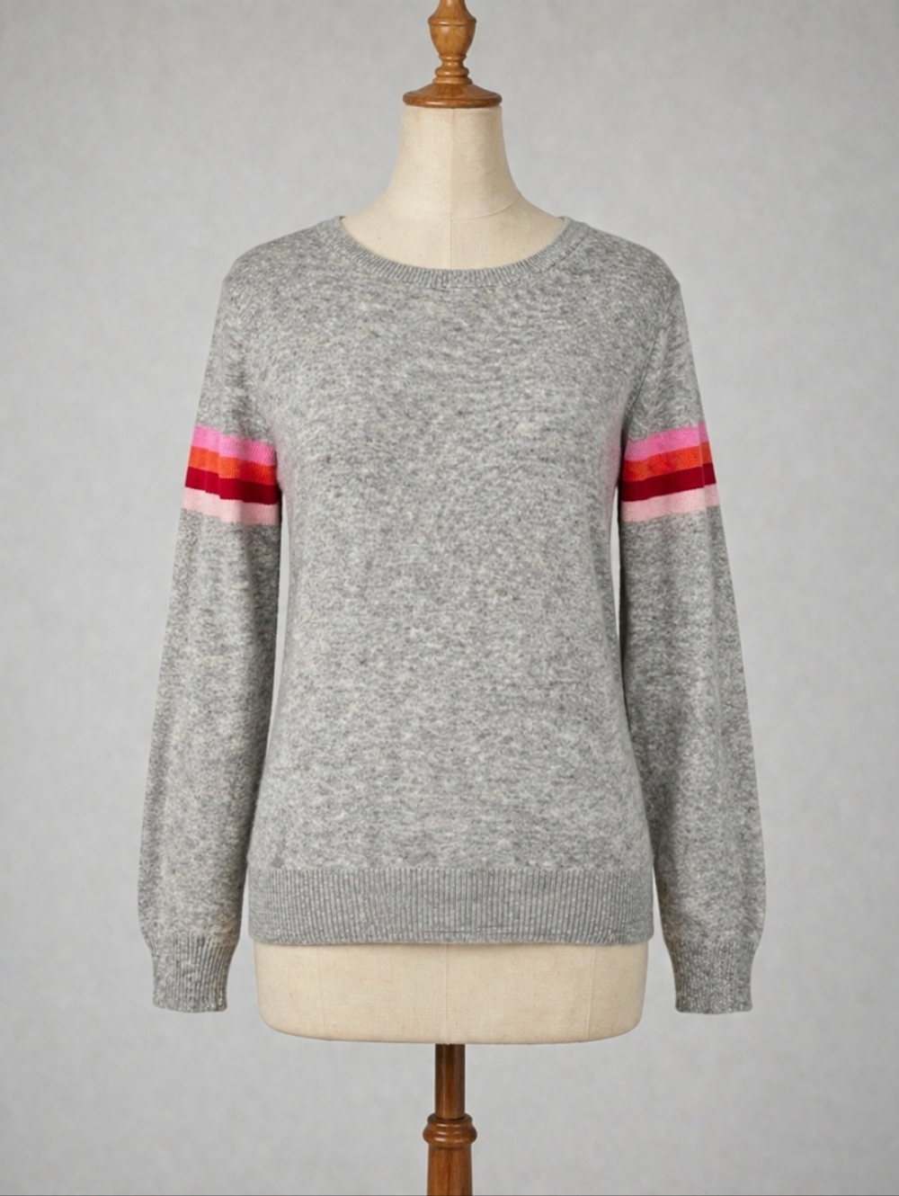 Luella Cashmere Blend Gray Crewneck Sweater Medium / Large Stripe Red Pink Trim - Picture 2 of 16